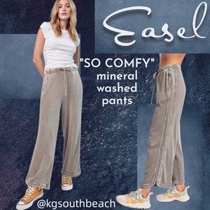 EASEL "So Comfy" Side Seams Scooped Hem Wide Leg Mineral Washed Pants Drawstring